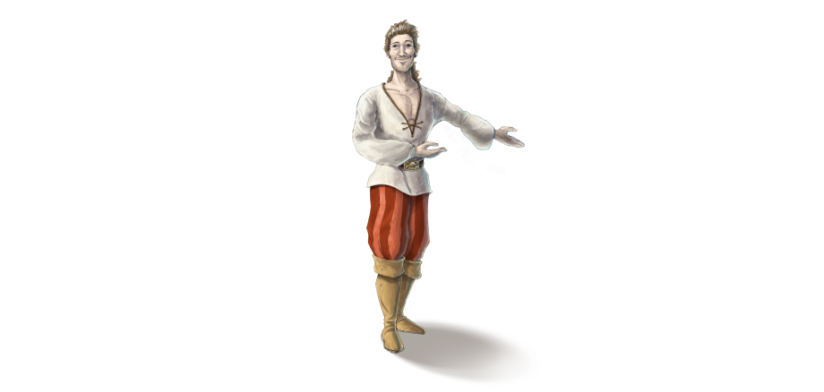 eine männliche Figur in hellem Hemd, rotgestreifter Pluderhose und hellbraunen kniehohen Stiefeln; der Gesichtsausdruck ist freundlich lächelnd, die Figur weist mit beiden Armen nach links