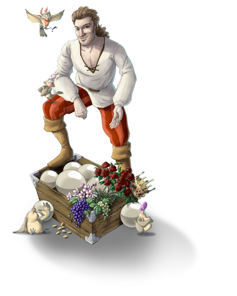 eine männliche Figur mit weißem Hemd und rot/orange gestreifter Pluderhose, sie trägt braune Stiefel; der rechte Fuß steht auf dem Rand einer Kiste mit weißen großen Perlen, Blumen und Trauben; eine goldene Krone hängt an der Kiste; drumherum sind witzige kleine Vögelchen