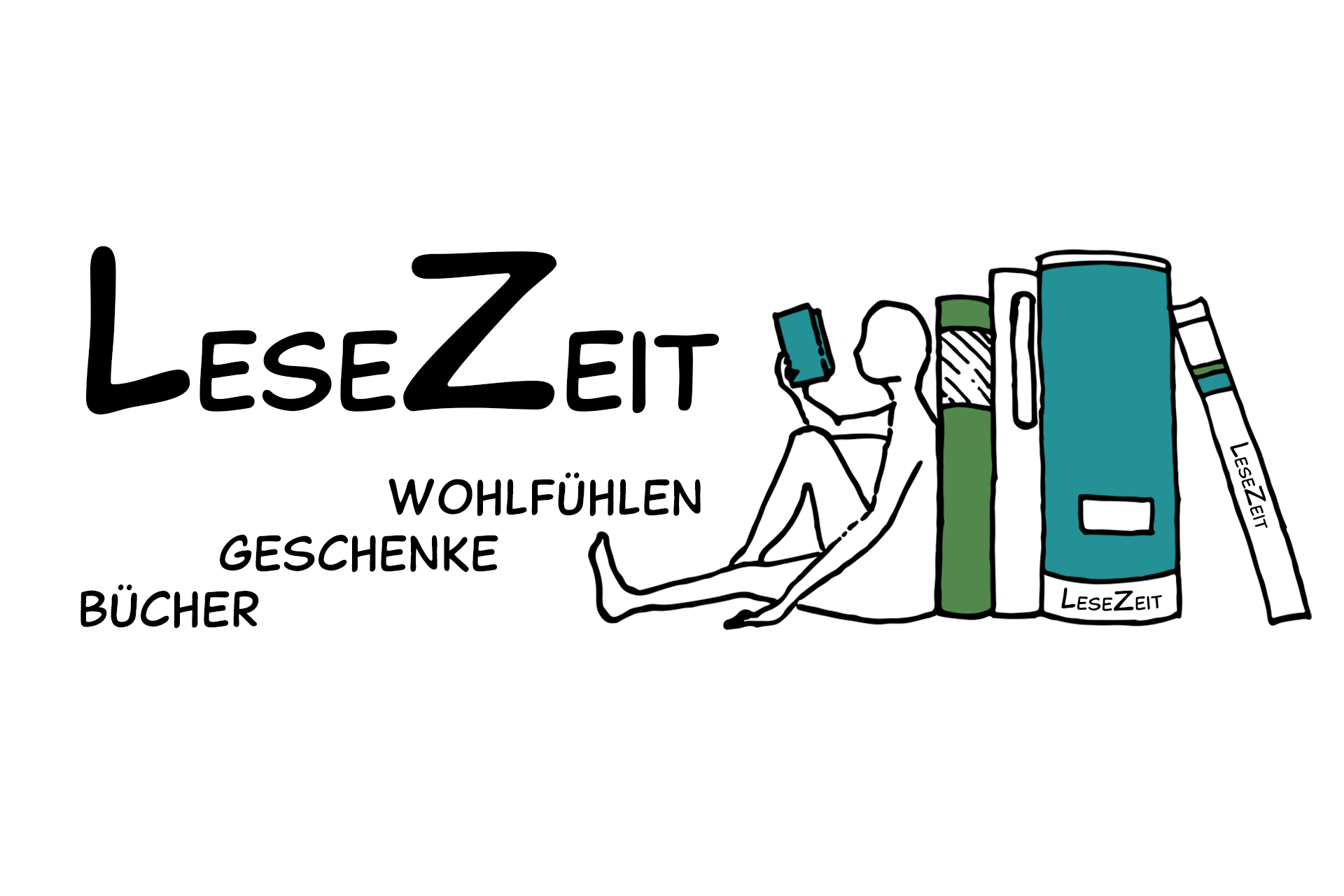 auf der linken Seite des Logogs steht der Text LeseZeit, Bücher, Geschenke, Wohlfühlen; rechts sitzt eine lesende Figur, der Rücken lehnt an einer Wand aus mehreren Büchern.
