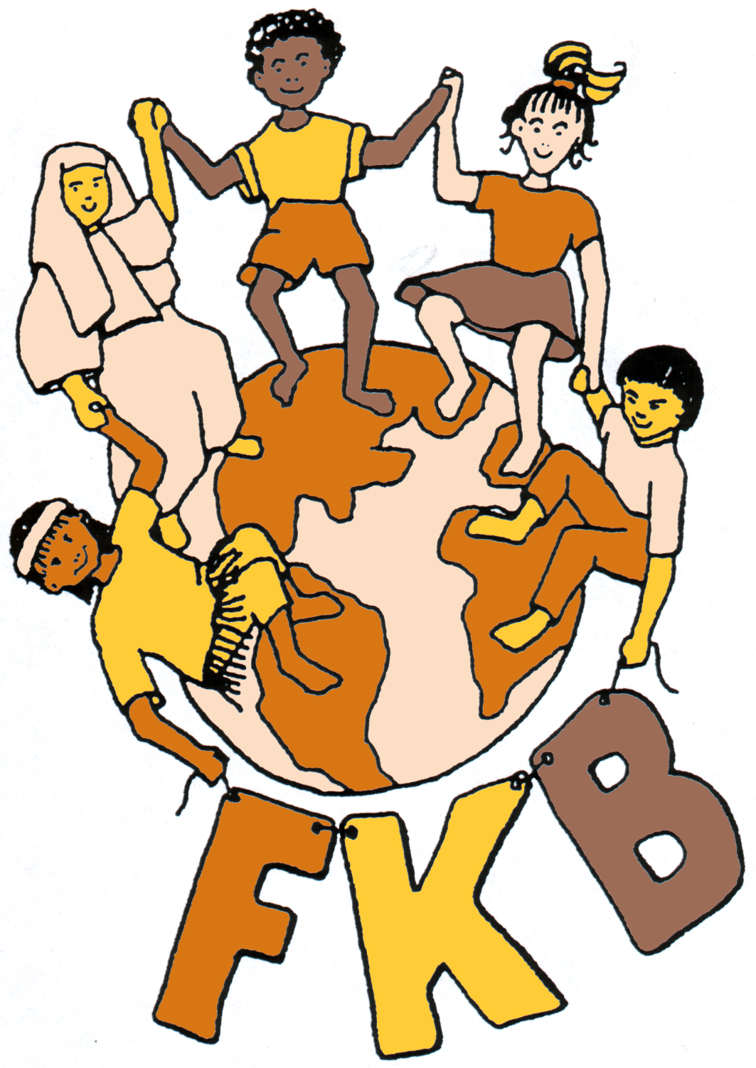 Kinder halten sich an Händen, tanzen um den Globus, darunter Schriftzug FKB